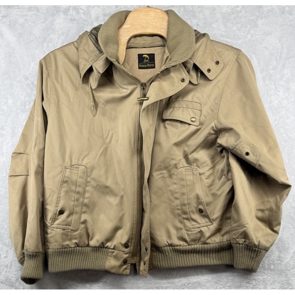 Vintage Neiman-Marcus Insulated Bomber Jacket Beige Flannel Lined Hood Men's XL